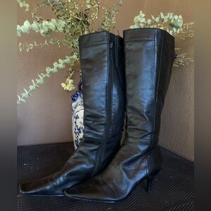 Elegant Black Part Leather Mid-Calf Boots